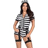 Leg Avenue Womens 3 Pc Jail Bird, Includes Striped Romper With Badge Accents, Hat Headband, and Handcuff Belt Harness
