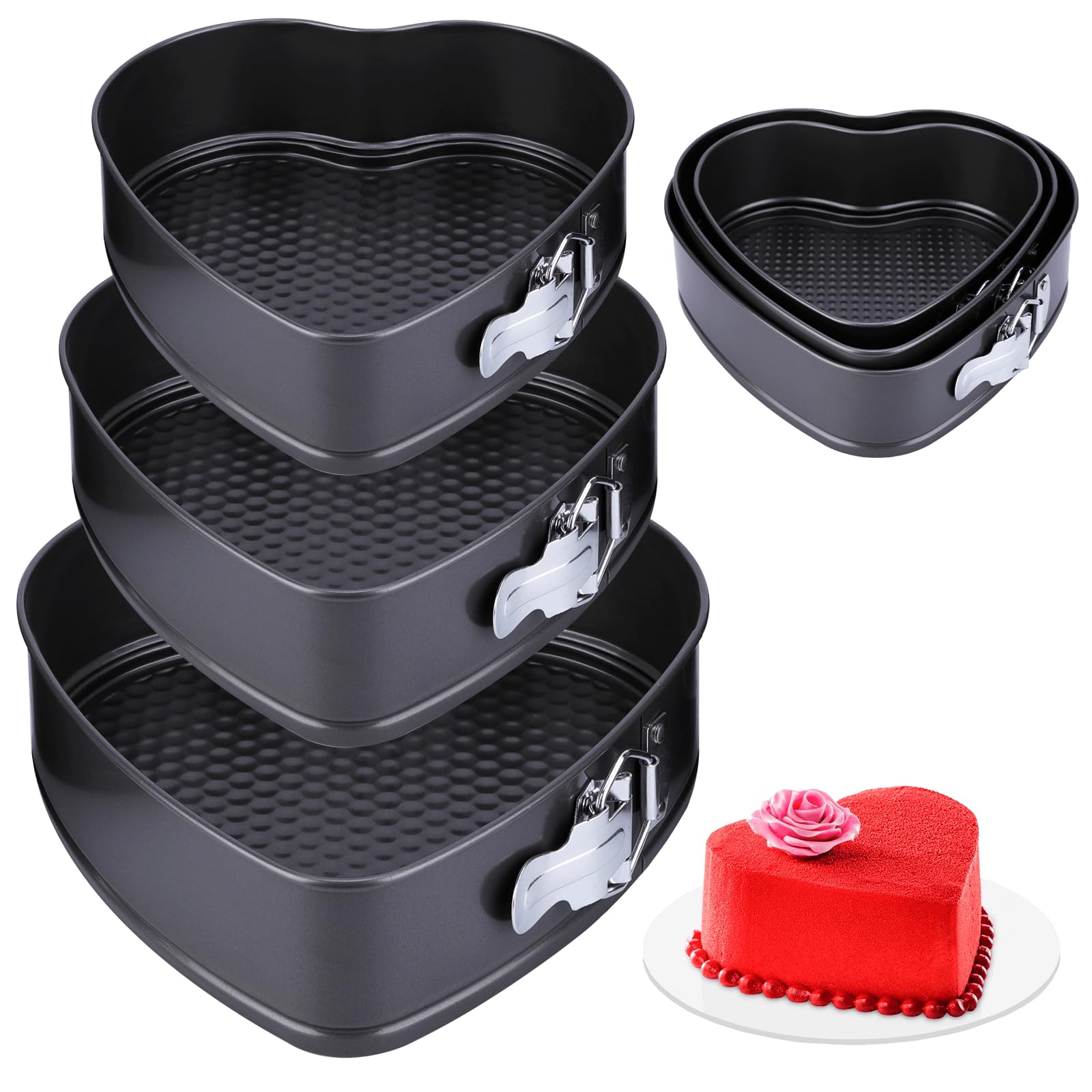 3 PCS Heart Cake Tin, Non-Stick Springform Cake Tin with Loose Base Easy Release, Carbon Steel Pfoa Free Cake Mould, Baking Tray for Cakes and Cheesecake-Sizes 20/22/24cm