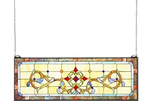 VEVOR Stained Glass Window Panel, 32" x 11" Tiffany Style Hanging Transom Window Panel with Chain, Large Horizontal Rectangle