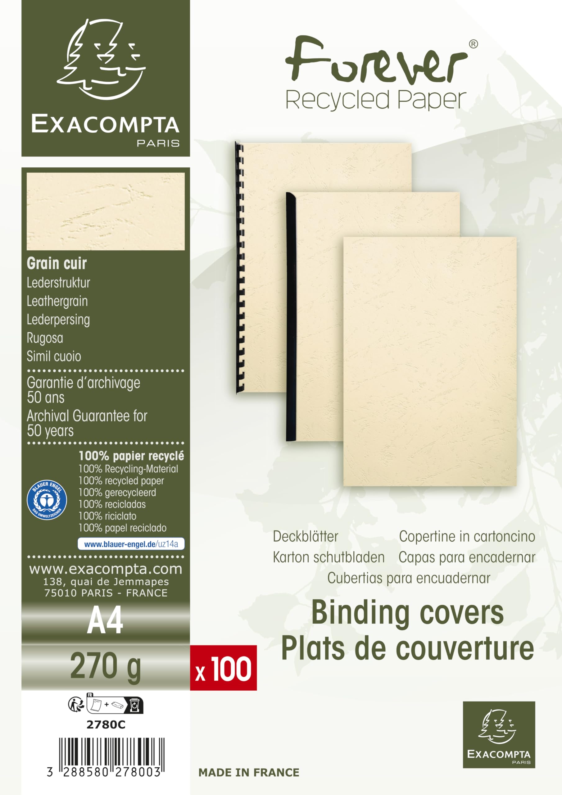 Exacompta - Ref 2780C - Forever Collection - Recycled Rigid Presentation Covers - A4 (210 x 297mm), Leather Grain Effect, 270gsm Rigid Card - Ivory (Pack of 100)