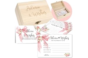 LEBSITEY 50 PCS Pink Bow Baby Shower Advice Cards For Parents To Be, Advice and Wishes Cards with Box for Baby Shower Games Advice for New Parents Baby Showers