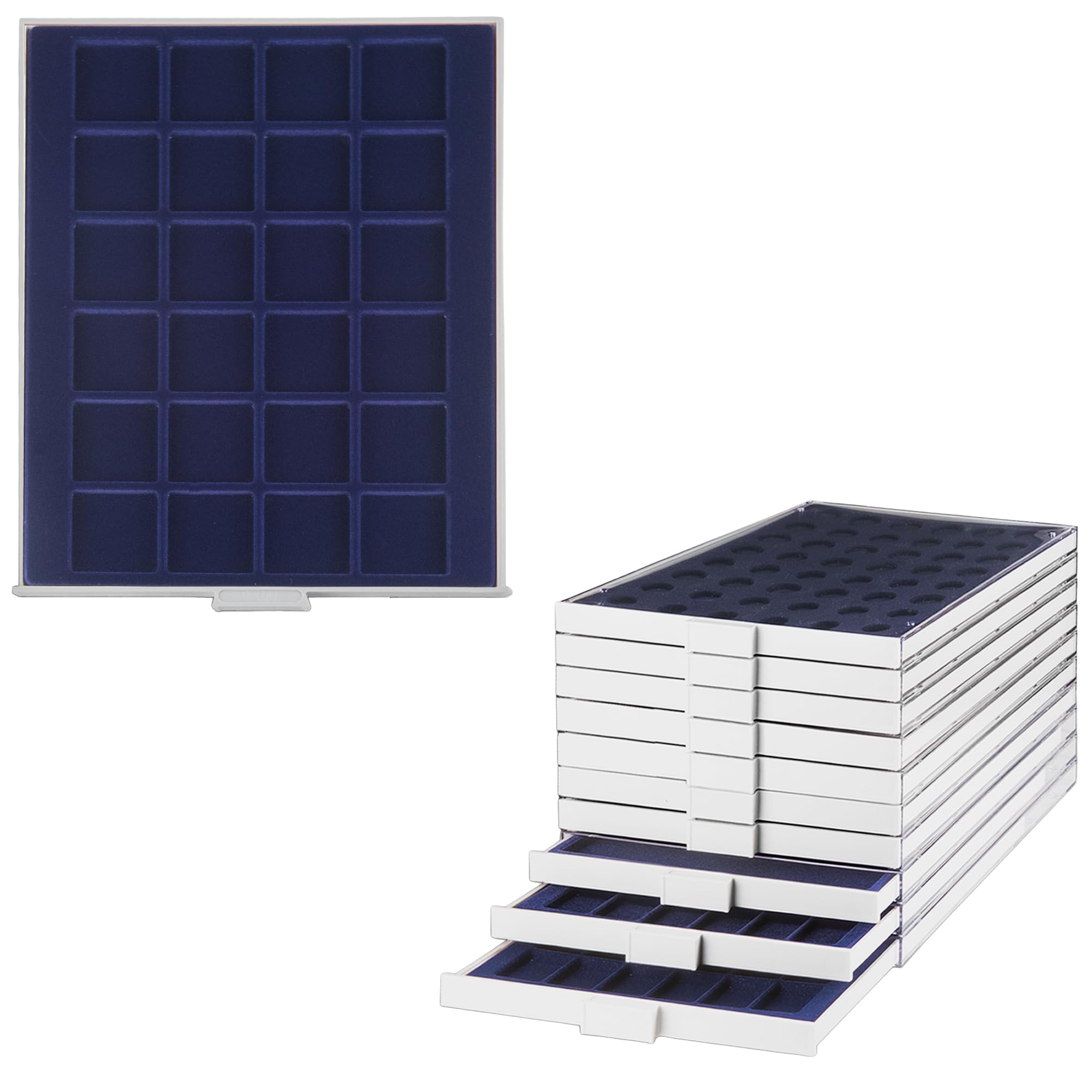 Prophila coin box gray 24 angular compartments for coins up to 42 mm (e.g. for 1 Oz Silver Eagle, Maple Leaf, Krugerrand), blue insert