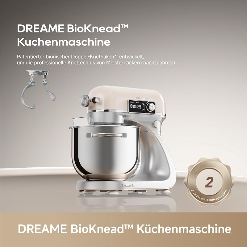 MX60 Küchenmaschine Standmixer Patentierter Doppelknethaken und ein lautloser 800-W-DC-Motor treiben die 6-L-Schüssel an. Intelligentes digitales Display, 12 Geschwindigkeiten
