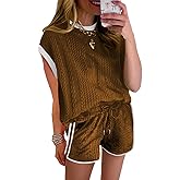 SHEWIN Women's 2 Piece Lounge Sets Casual Cap Sleeve Pullover Tops and Drawstring Shorts Tracksuit Sets