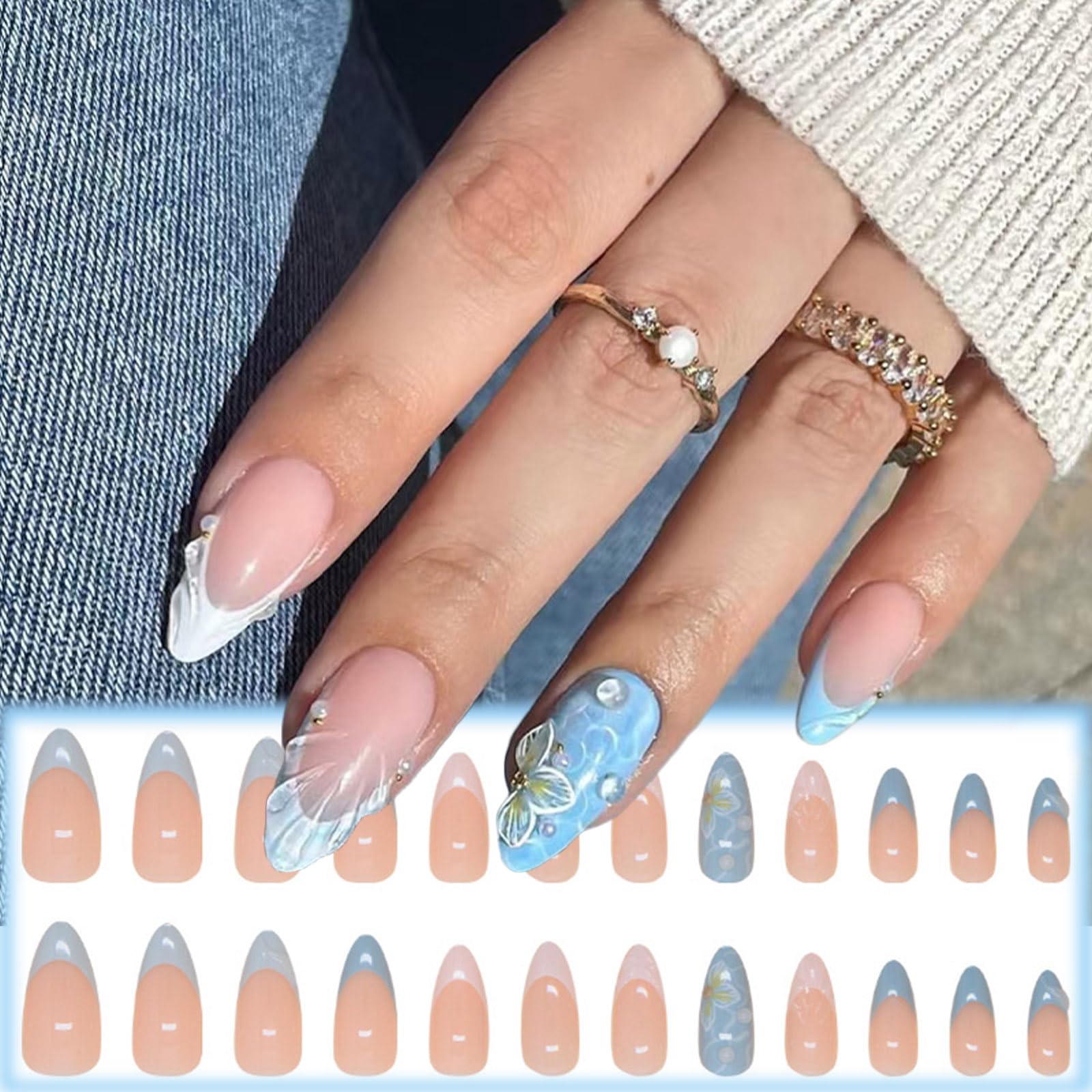 Summer Beach Press on Nails 24 Pcs 3D Style Acrylic Fake Nails Medium Almond Glossy Blue French Tips False Nails Gel Glue on Nails Manicure Flower Curve Line Stick on Nails for Coquette Women Girls - Image 4