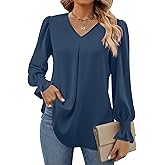 Funlingo Women's 2025 Long Sleeve Tops Dressy Casual V Neck Tunic Shirts Loose Chiffon Work Blouse