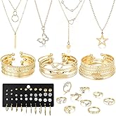 IFNODO 46Pcs Gold Jewelry Set for Women with 5 Necklace, 12 Bracelet, 5 Hoop Earrings, 15 Stud Earrings and 9 Rings Jewelry Set For Gifts for Women.