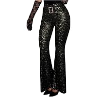 Nawgut Womens Sequin Flare Pant Sparkly High Waisted Leg Bell