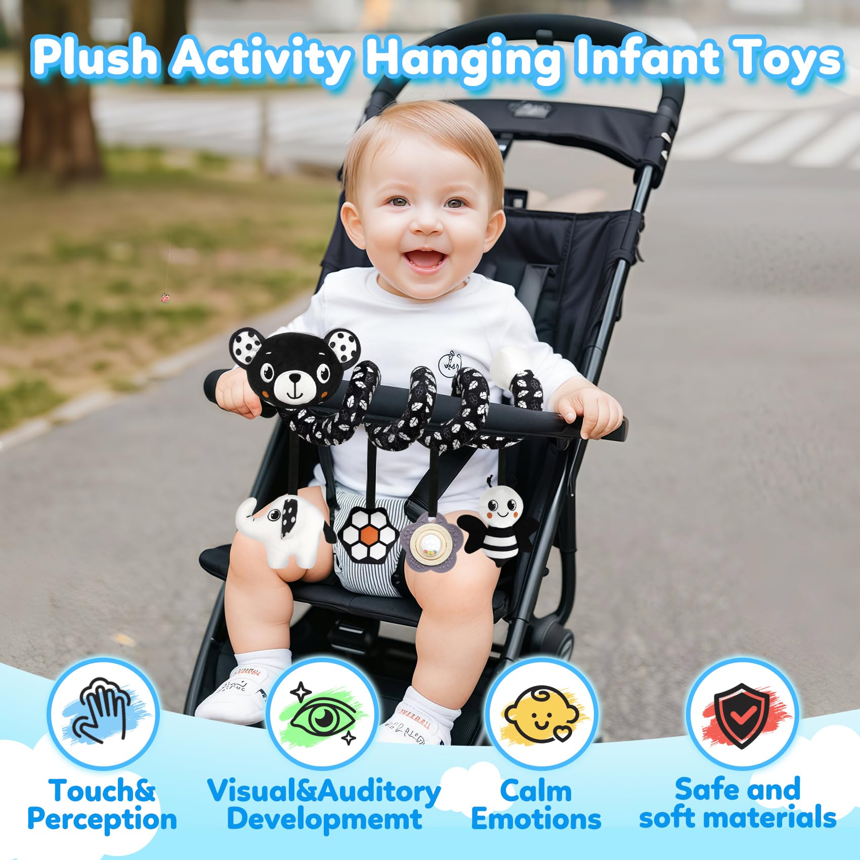Baby Carseat Toy Black & White Rattle Spiral Hanging Activity Stroller Toy for Newborns Boys and Girls, Quality Gifts for Baby Shower - Bear
