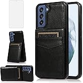 Asuwish Phone Case for Samsung Galaxy S21 FE Gaxaly S 21 FE 5G with Tempered Glass Screen Protector Credit Card Holder Wallet Cover Stand Leather Cell Glaxay S21FE5G UW S21FE 21S G5 Women Men Black