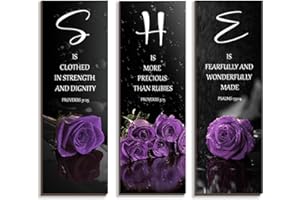 DONFENTHY 3 Pcs Purple Bedroom Decor Purple Rose Wooden Wall Decor Inspirational Farmhouse Office Signs With SHE Bible Words Decor For Women Girl Bedroom Home(Purple 12x4Inch)
