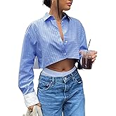 Remidoo Women's Casual Striped Cropped Button Down Shirt Long Sleeve Crop Top Blue Small