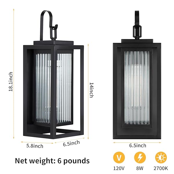 HAMESO OUTDOOR WALL LIGHTS FOR HOUSE EXTERIOR, 18 INCH LARGE BLACK MODERN LANTERN WITH DUAL METAL FRAME & TEXTURED GLASS, IP65 WATERPROOF (BULBS INCLUDED)