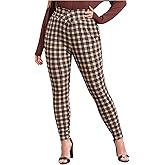Floerns Women's Plus Size Plaid Pants Leggings Stretchy Elastic Waist Work Skinny Pants