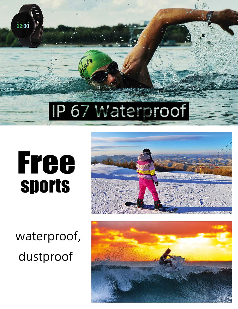 Reloj Inteligente Rastreador de Ejercicios, IP67 Actividad a Prueba de Agua Pulsera Podómetro Bluetooth Reloj Frecuencia cardíaca Presión Arterial Sleep Monitor iOS Android Hombres Mujeres