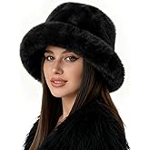 BFONS Women's Fuzzy Bucket Hat, Faux Fur Wide Moldable Brim Hat Warm Fisherman Cap Plush Winter Hat Fashion Outdoor