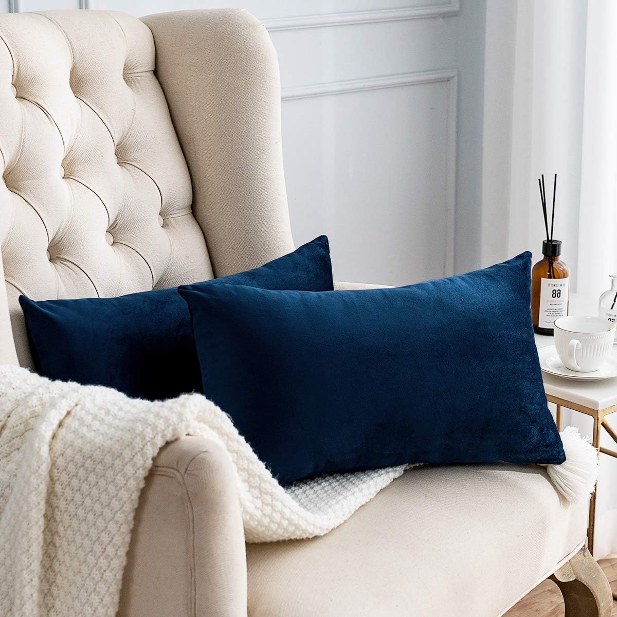 MUDILY Pack of 2 Cute Velvet Soft Decorative Back Protecting Oblong Throw Pillow Covers Cushion Case for Sofa Chair Bedroom Car Dark Blue 12 x 20 Inch 30 x 50 cm