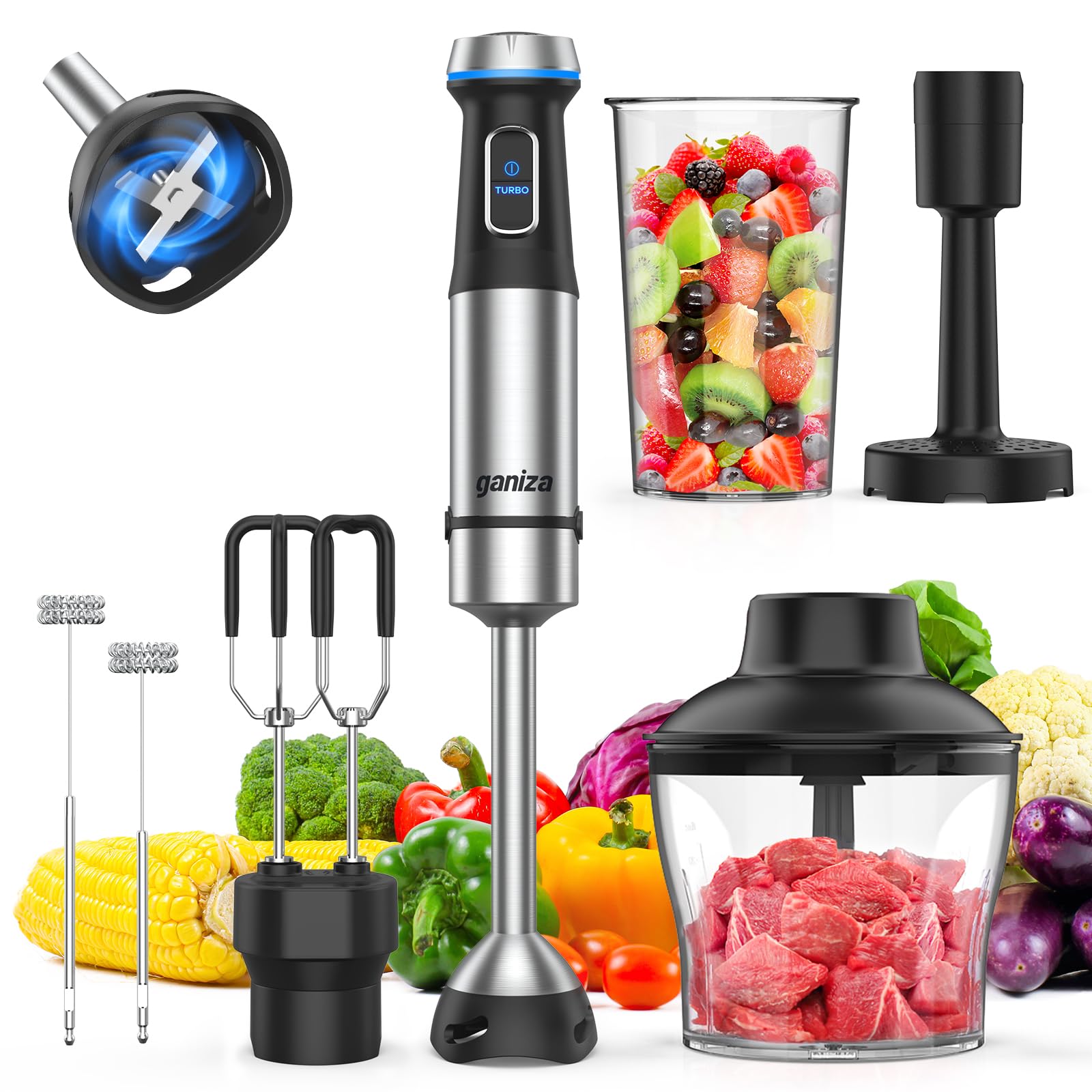 Photo 1 of Ganiza Immersion Blender Handheld, 6 in 1 Hand Blender Stainless Steel Blade, 15 Speed Stick Blenders Electric, 800ml Mixing Beaker, 600ml Chopper, Whisk, Frother, Potato Masher