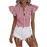 Milumia Women's Casual Plaid Frill V Neck Half Button Layered Flutter Sleeve Blouse