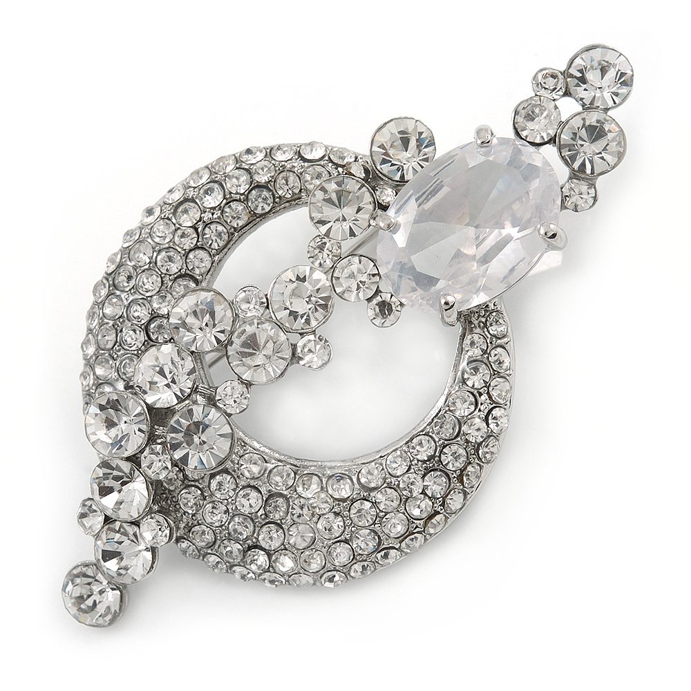 Statement Crystal Glass Stone Fancy Brooch In Rhodium Plating - 70mm
