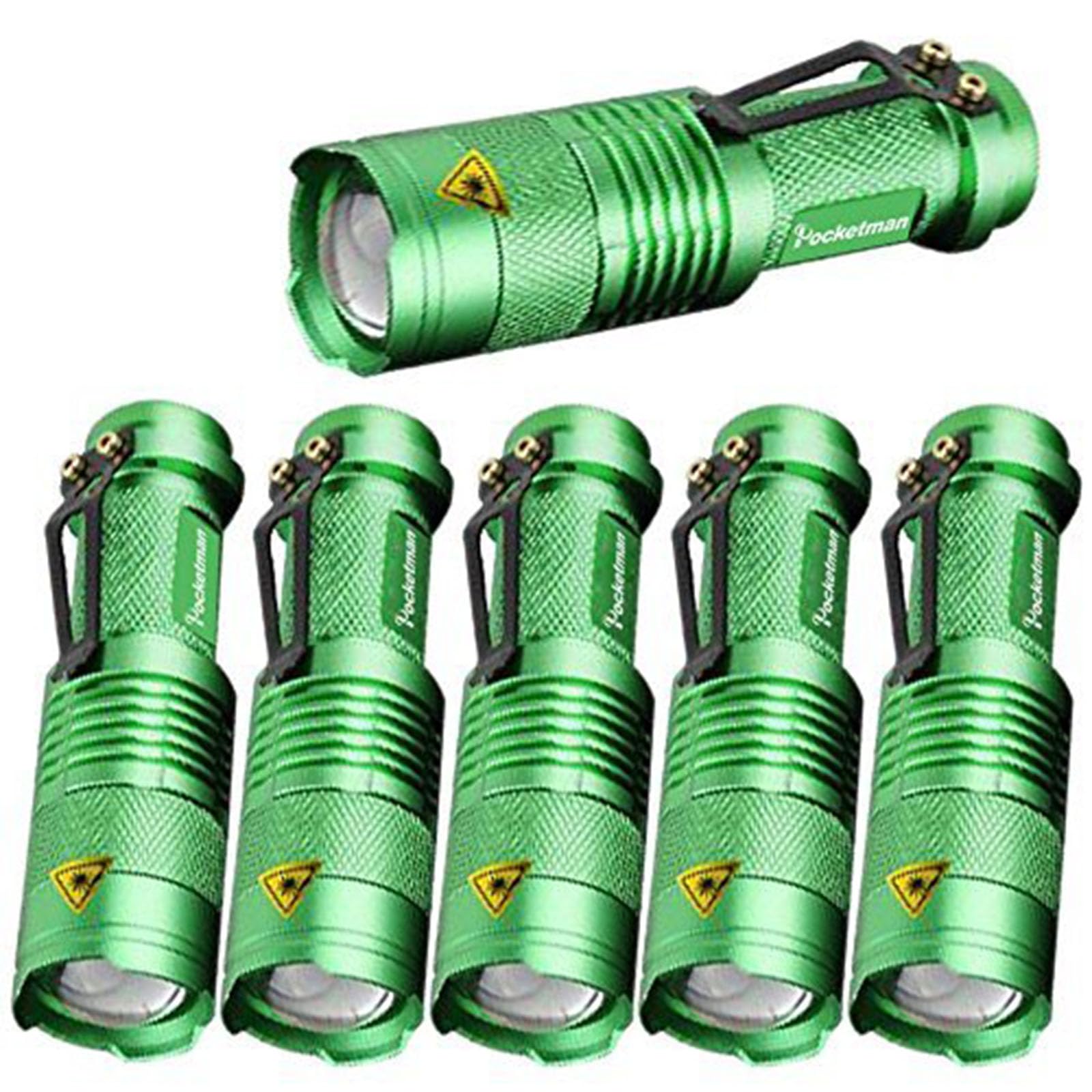 Pack of 6, Pocketman 7W 300LM SK-68 Tactical Torch 3 Modes Mini Q5 LED Tactical Flashlight Adjustable Focus Zoomable Light (LightGreen)