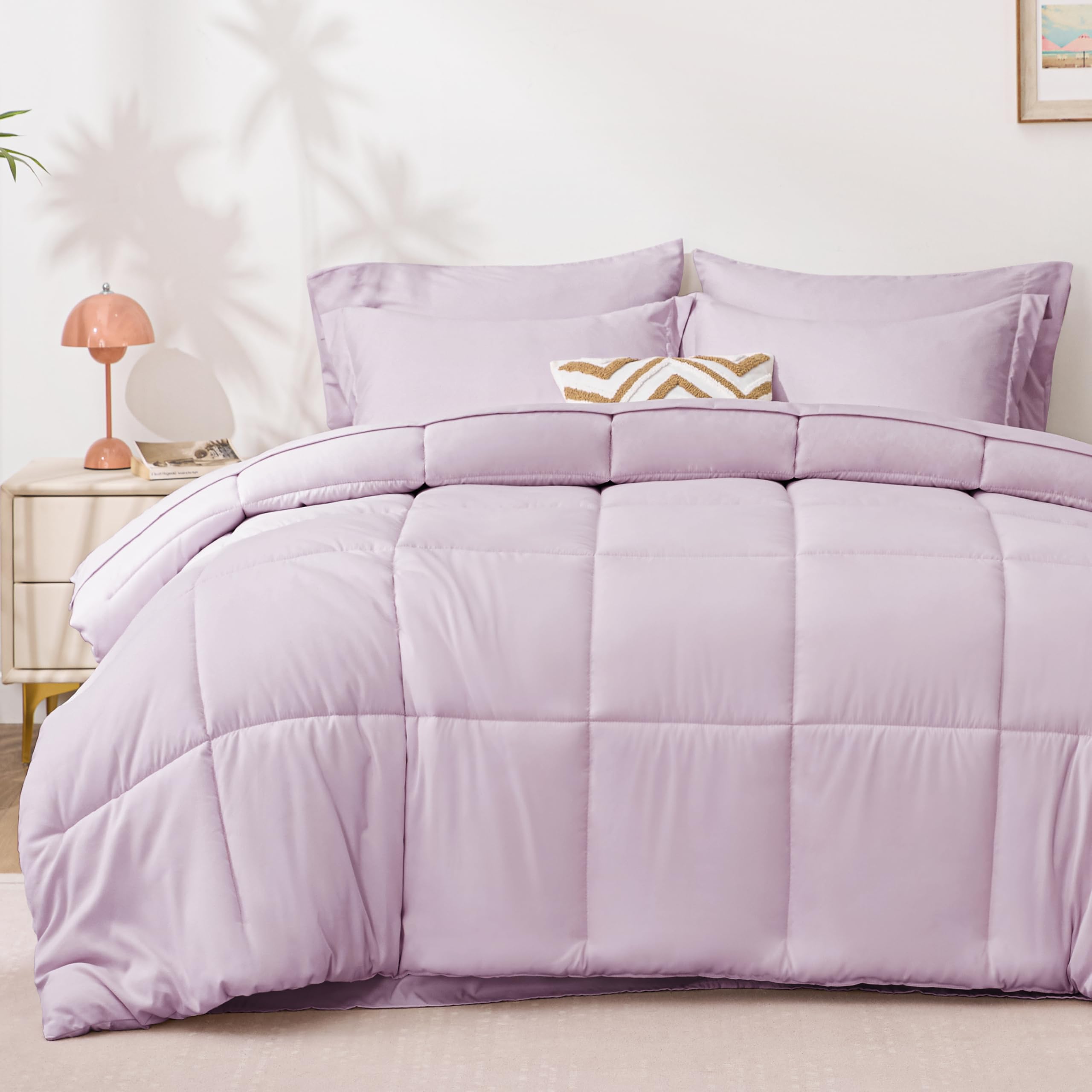 Love's cabin California King Comforter Set Light Purple, 7 Pieces California King Bed in a Bag, All Season Bedding Sets with 1 Comforter, 1 Flat Sheet, 1 Fitted Sheet, 2 Pillowcase and 2 Pillow Sham Image