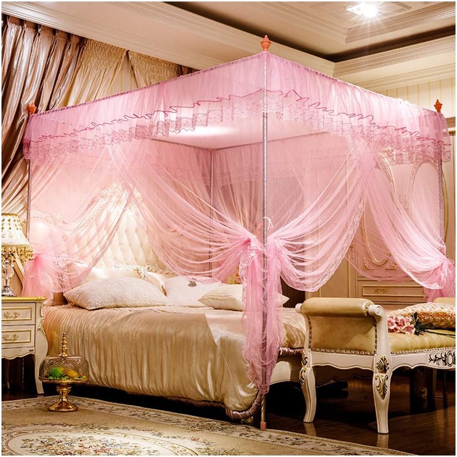DUXY Bedding Mosquito Net Bed Canopy - Encryption Lace Luxury 4 Corner Bed Curtain Canopy Mosquito Net for Girls Bed - (Includes Stainless Steel Bracket),Pink,200x220x200cm