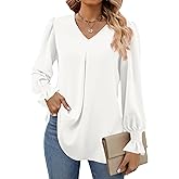 Funlingo Women's 2025 Long Sleeve Tops Dressy Casual V Neck Tunic Shirts Loose Chiffon Work Blouse