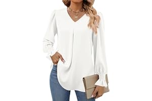 Funlingo Women's 2024 Long Sleeve Tops Dressy Casual V Neck Tunic Shirts Loose Chiffon Work Blouse