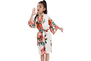 QXQTER Peony Floral Silk Kimono Robe Wedding Bridesmaid Robes Dressing Gown Nightgown for Girls