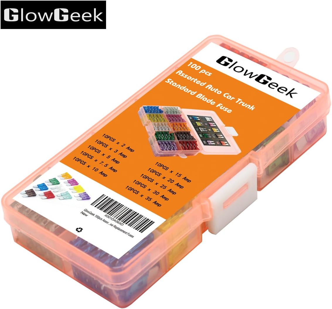 GlowGeek 100pcs Assorted Auto Car Truck Standard Blade Fuse Assortment 2A 3A 5A 7.5 A 10A 15A 20A 25A 30A 35A Car Boat Truck SUV Automotive Replacement Fuses: Automotive