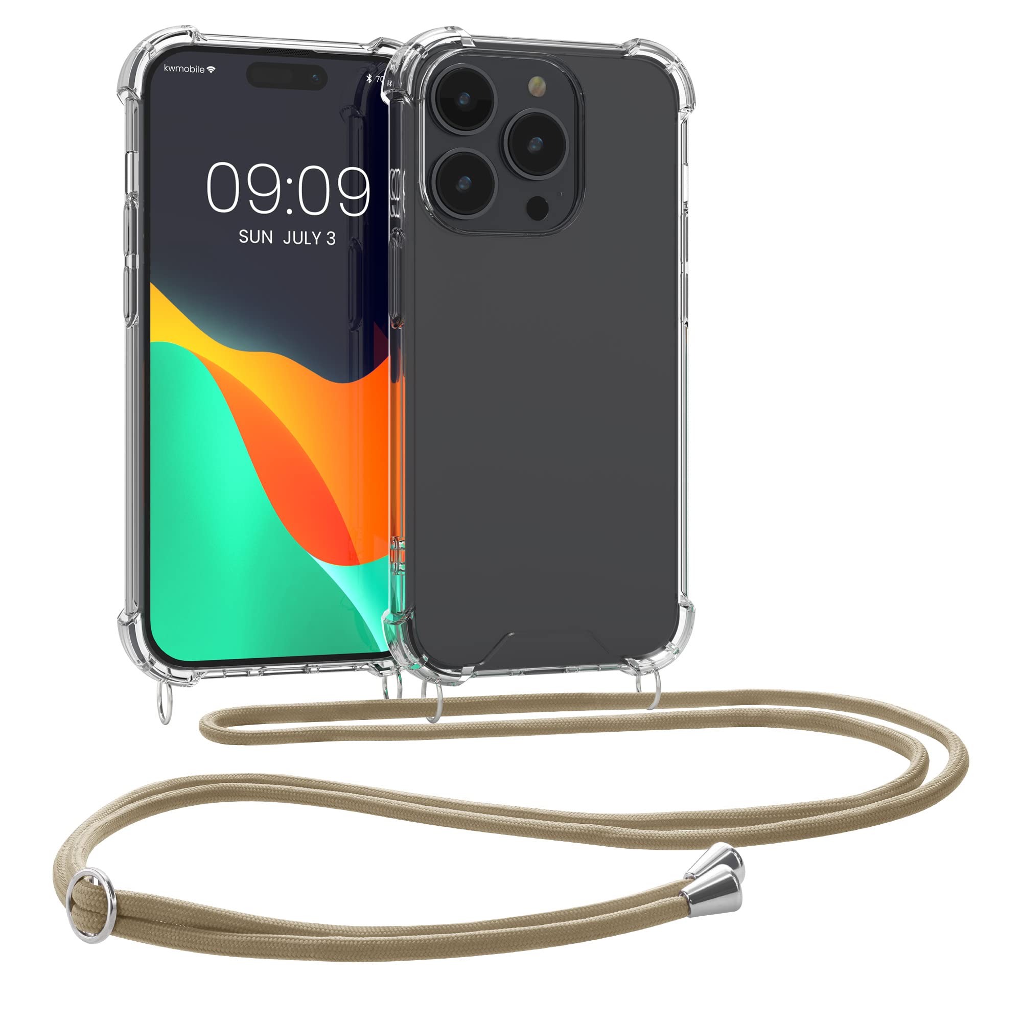 kwmobile Crossbody Case Compatible with Apple iPhone 14 Pro Case - Clear TPU Phone Cover w/Lanyard Cord Strap - Gold/Transparent