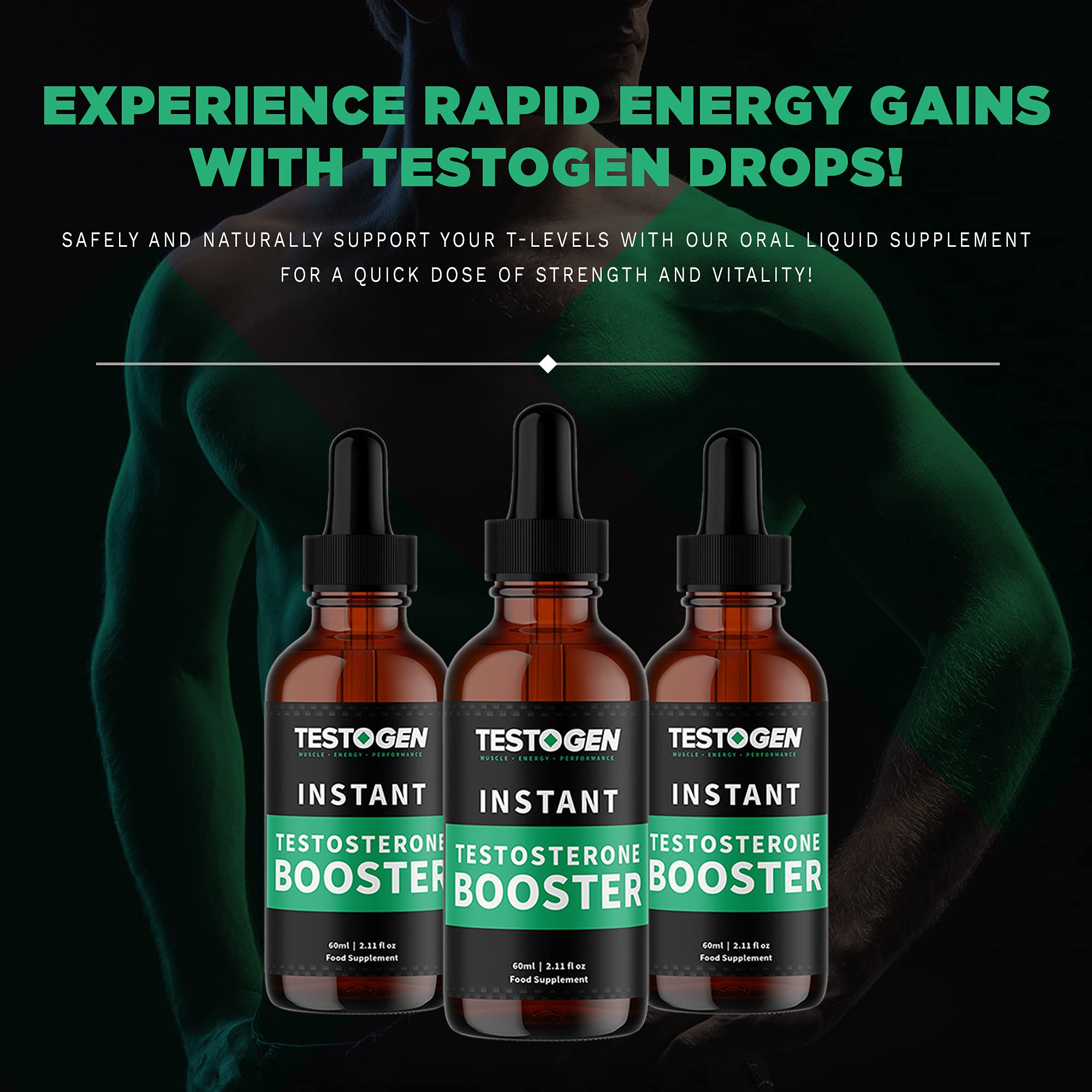 TestoGen Triple-Action Instant Energy Booster Drops with Powerful Natural Ingredients, Helps Improve Stamina, Strength and Energy, 60milliliter Bottle