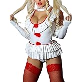 Sunloudy Clown Costume Women Halloween Scary Jester Costume Halter Bodysuit With Neck Ruffle Set Captivating Circus Clown