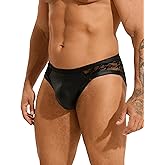 sunshinelady Floral Men's Lace Underwear Faux Leather Pouch Briefs Sexy Sissy Lingerie Panties Black S-2XL