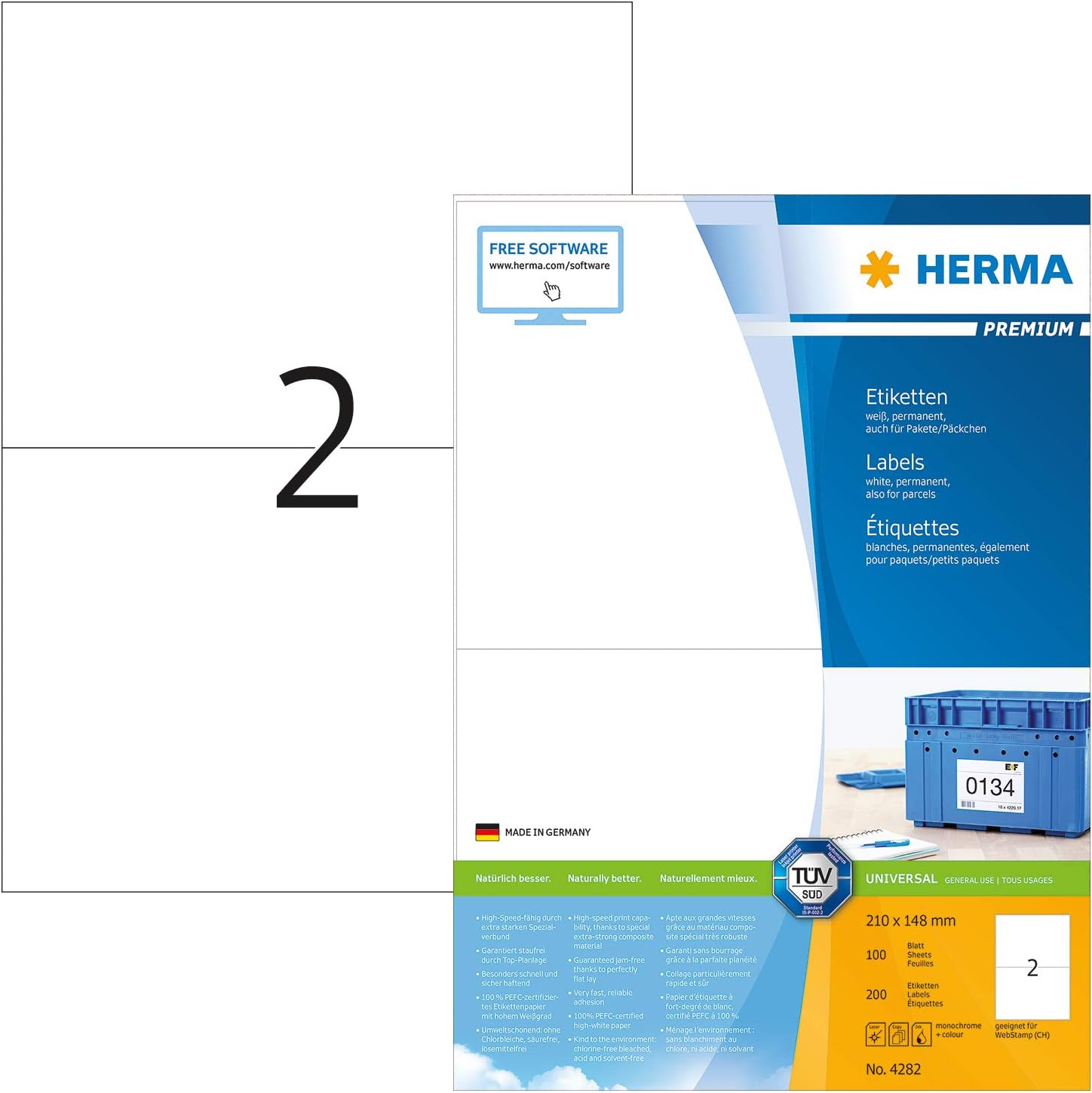 HERMA Self Adhesive Multi-Purpose Labels, 2 Labels Per A4 Sheet, 200 Labels For Laser And Inkjet Printers, Large, 210 x 148 mm (4282)