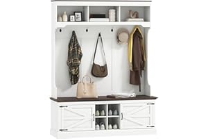 HOMCOM 3-in-1 Hall Tree with Shoe Storage, Standing Coat Rack with Shoe Bench, Entryway Furniture with Seven Hooks, White Wood Grain