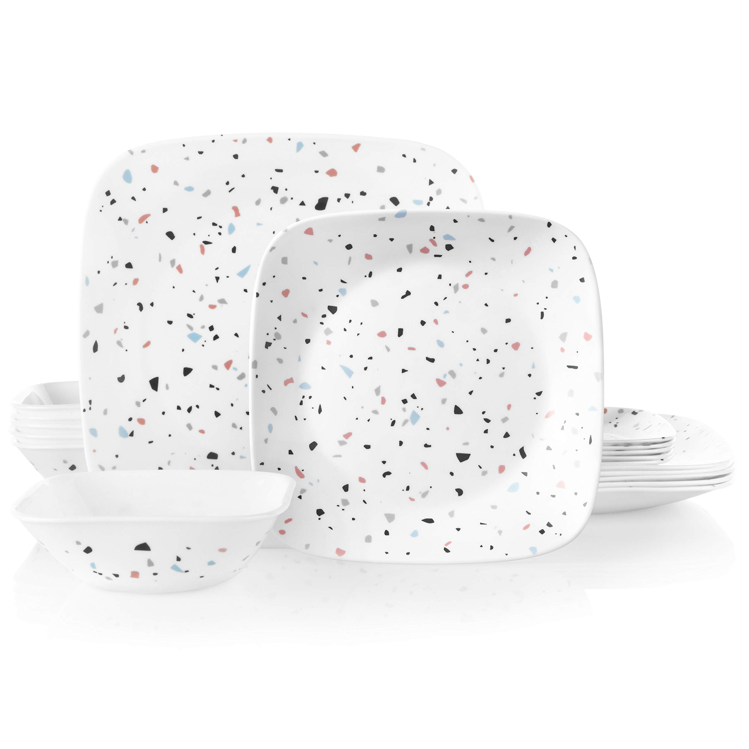 Corelle 18-Piece Dinnerware Set Service for 6, Chip Resistant, Glass, Terrazzo Rosa Square