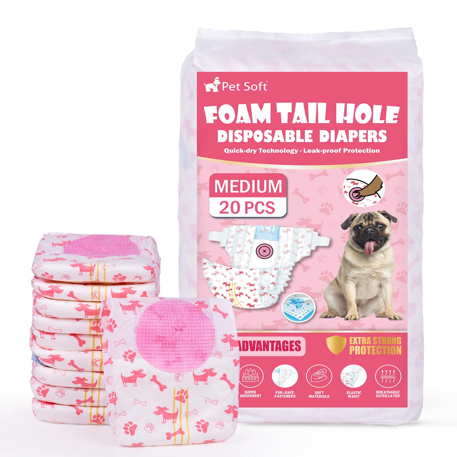 Pet Soft Dog Nappies Female, 20 Count Disposable Dog Pants Female Medium, Super Absorbent Disposable Dog Diapers for Girl Dogs in Season/Heat/Incontinence with Adjustable Tail Hole (M 20Count)