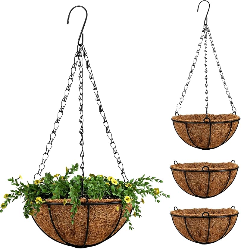 CECOMBINE 4Pcs 8" Metal Hanging Baskets with Coco Liner for Plants