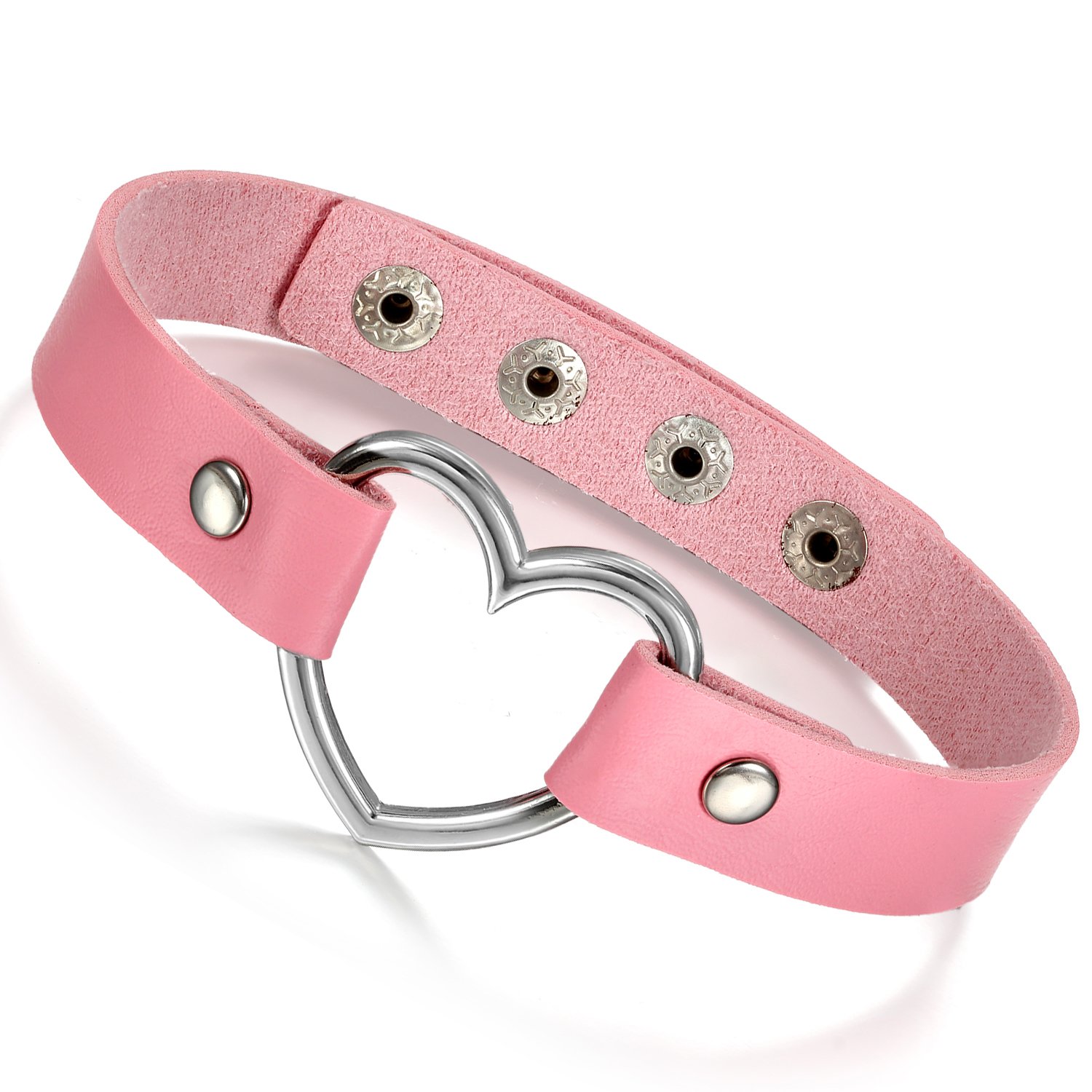 Flongo Women’s Genuine Leather Choker Necklace with Heart-Shaped Pendant, Adjustable, Gothic Punk Rock Style, Stainless Steel,