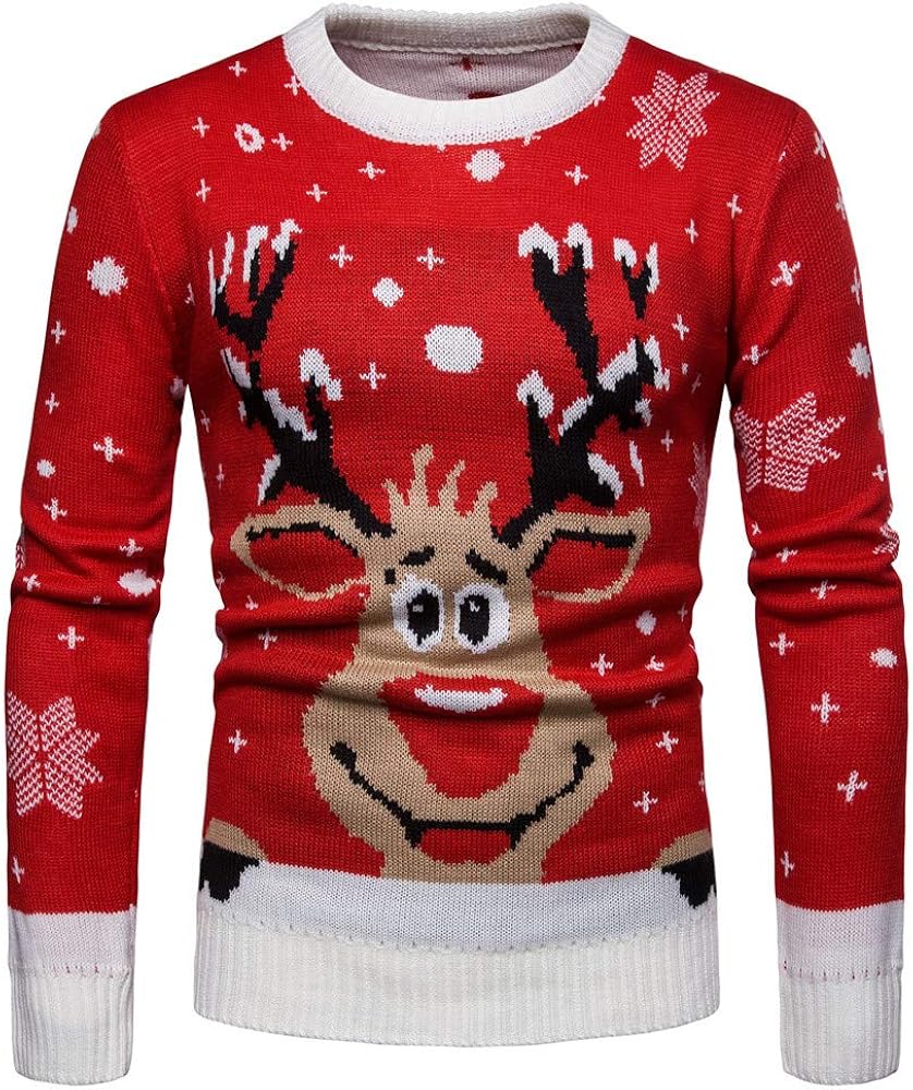 Freitop Weihnachtspullover Herren Rot Weiß mit Rudolf Rentier Muster