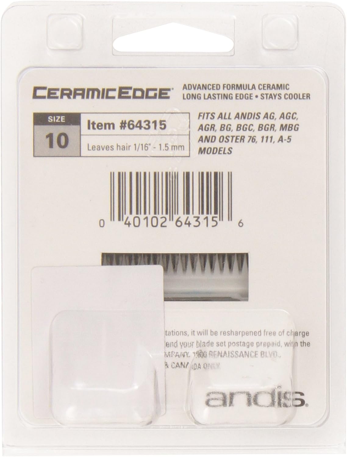 Hair Clipper And Trimmer Accessories : Andis CeramicEdge Carbon-Infused Steel Pet Clipper Blade, Size-10, 1/16-Inch Cut Length (64315)