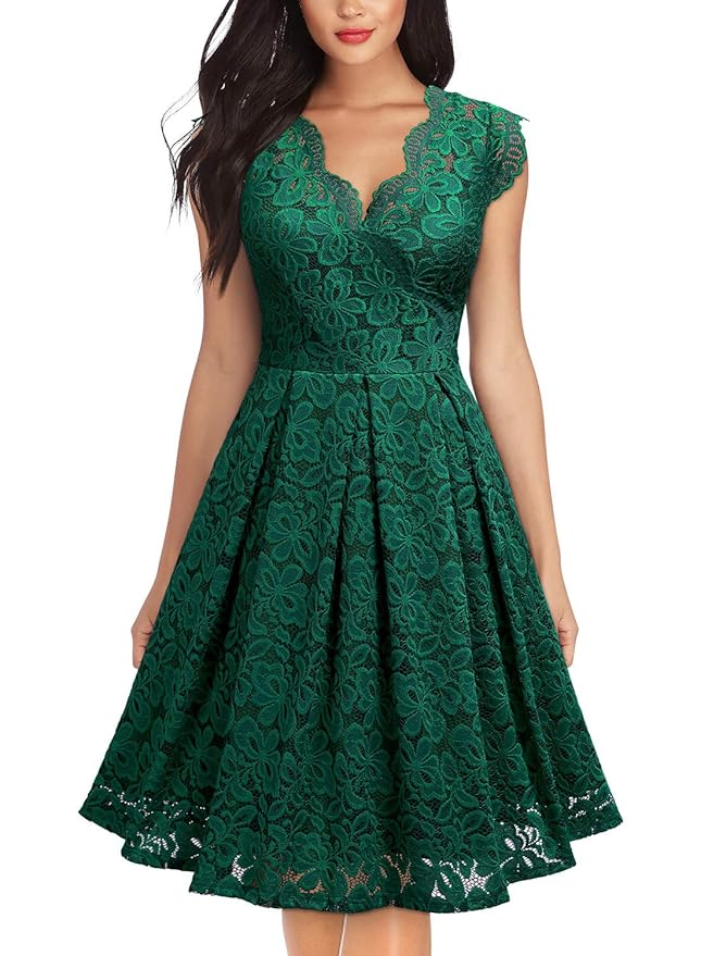 MISSMAY Damen Vintage Cocktailkleid Abendkleid 1950er V-Ausschnitt Spitzen Schwingen Pinup Rockabilly Kleid