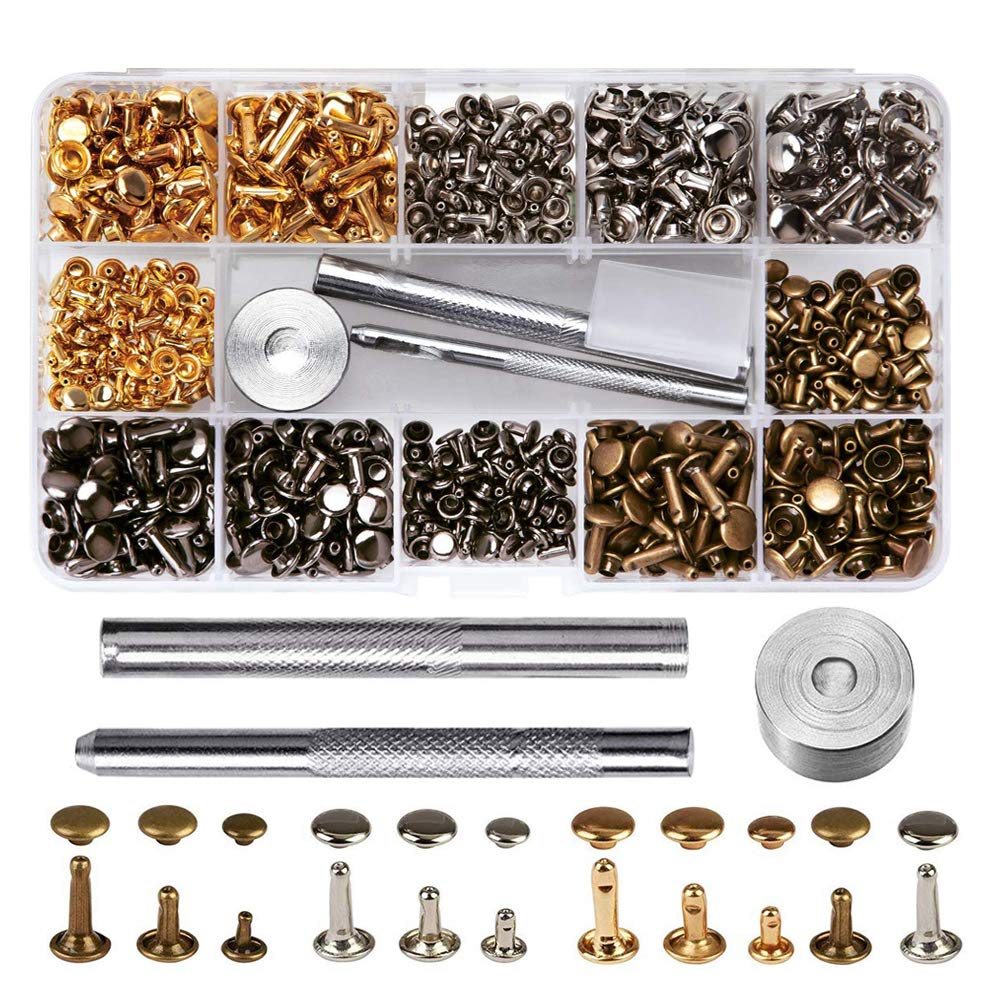 Gasea 420 Sets Leather Rivets Kit – Double Cap Rivets with 3 Fixing Tools, Metal Studs for DIY Leather Craft, Clothing & Accessories 6mm, 8mm, 12mm