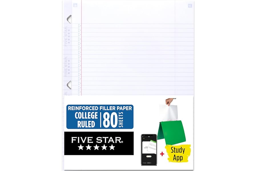 Five Star Loose Leaf Paper + Study App, College Ruled Filler Notebook Paper, Reinforced, Fights Ink Bleed, 8-1/2" x 11", 80 Sheets (170102)