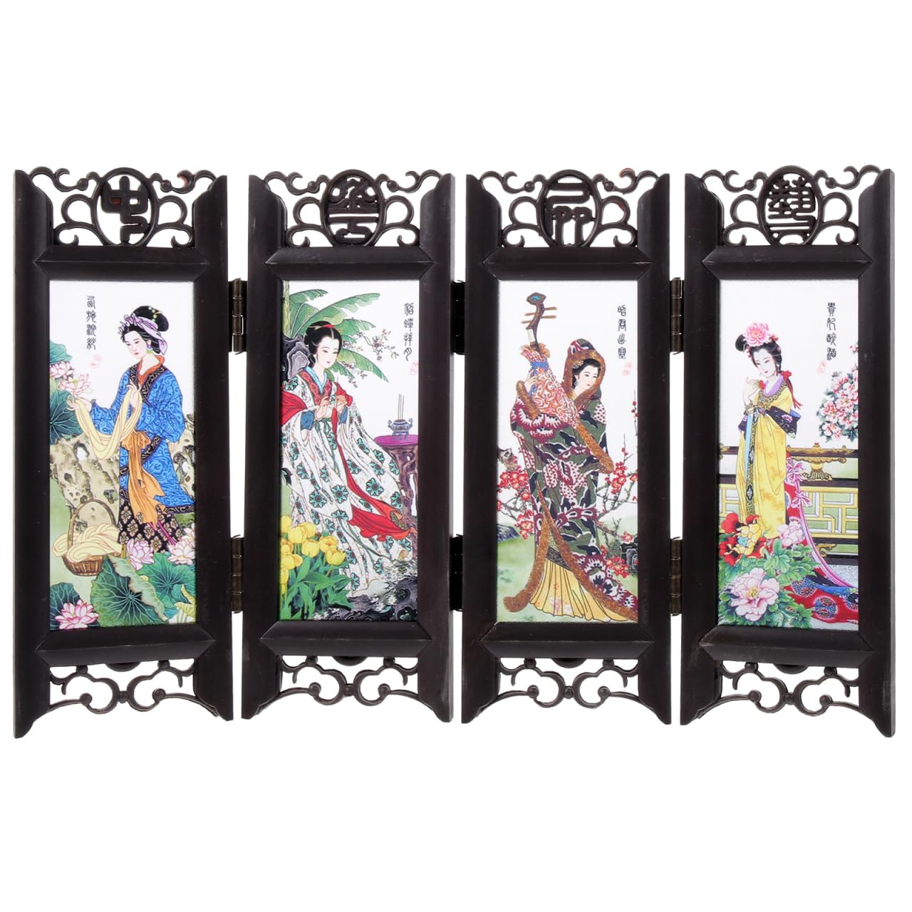 Gogogmee Chinese Style Folding Screen Divider Four Beauties Panel Small Antique Room Divider for Home Office Party Photo Props Decoration
