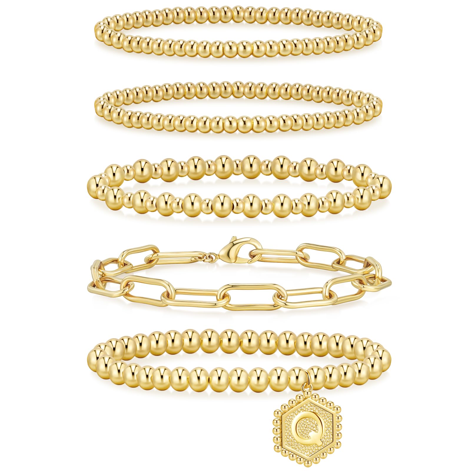 adoyi Gold Beaded Bracelets for Women, 14K Gold Plated Bracelet Stack Dainty Initial Stackable Stretch Bead Ball Letter Q Strand Bracelet Set Adjustable Jewelry Sets Gift for Women