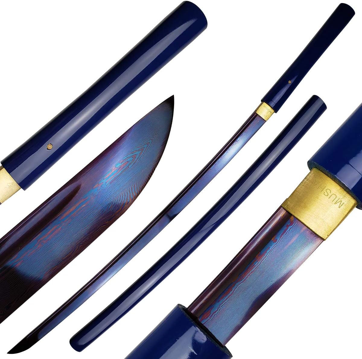 Musha Japanese Shirasaya, Samurai Katana. Straight Tanto Blade Style - Zatoichi/Samurai Style Damascus Pattern Blade. for Collection, Gift, Straw Matt Cutting Practice Purpose