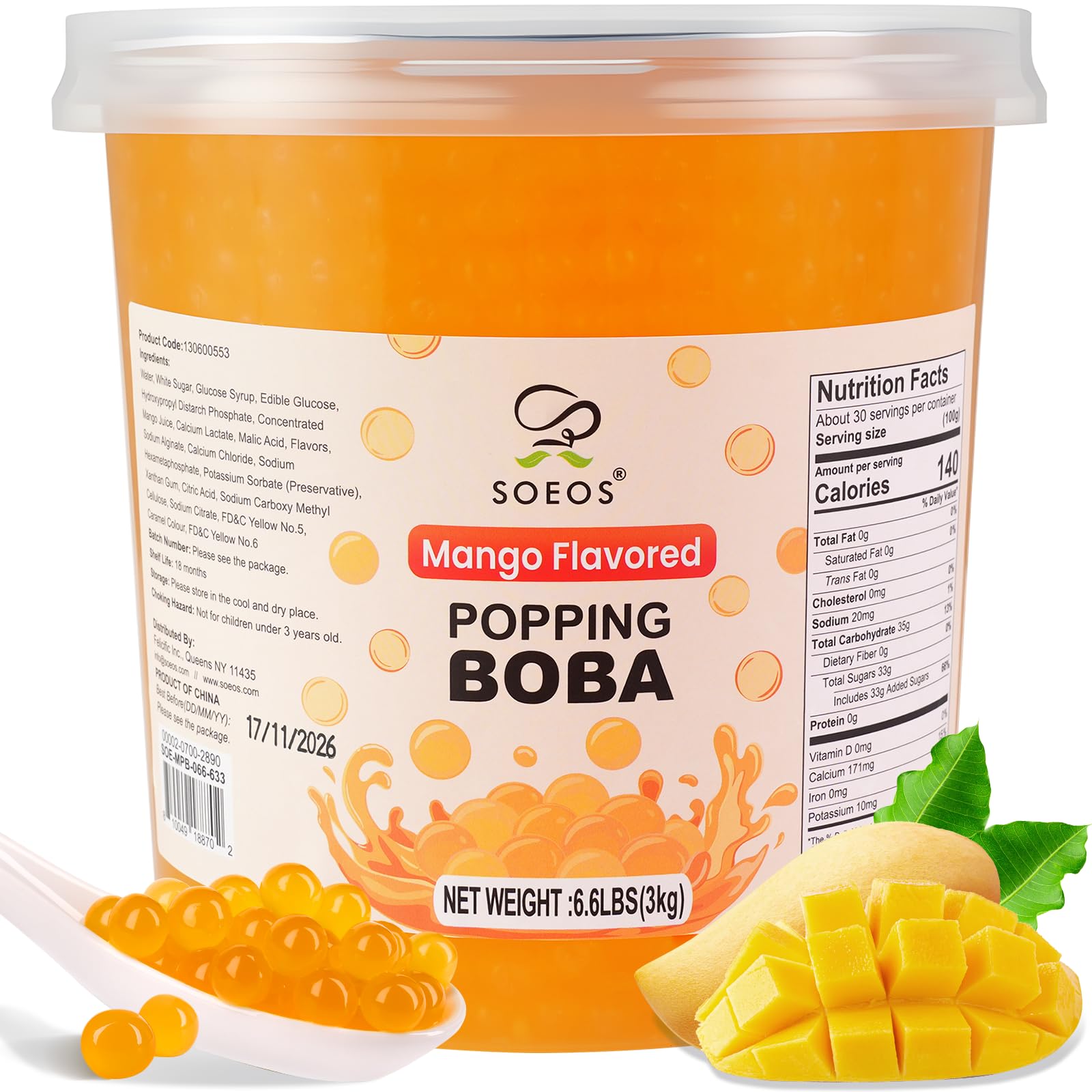 Photo 1 of *6/12/2026* Soeos Mango Popping Boba Pearls 6.6 Pounds, Bursting Boba Pearls for Bubble Tea, Beverages, Shakes, Desserts, Smoothie and Ice Cream Topping